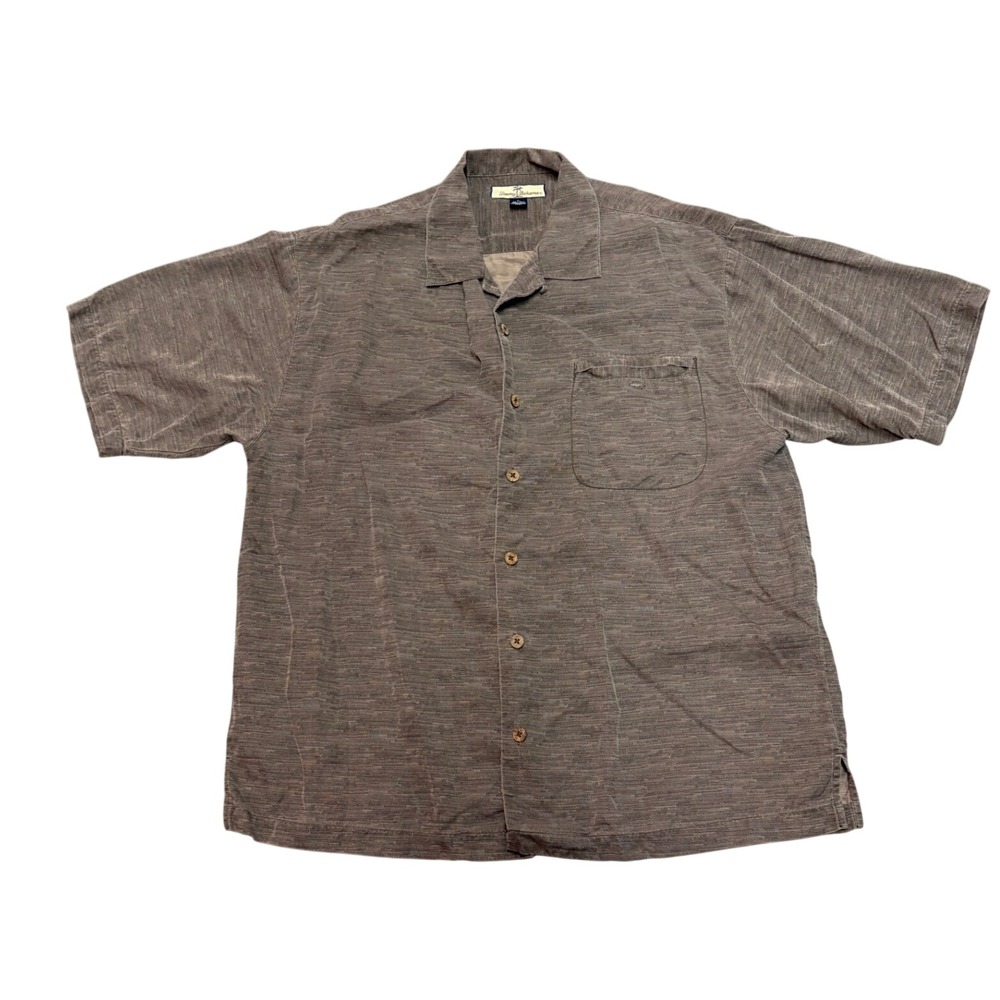Tommy Bahama Mens Large 100% Silk Short Sleeve Button Up Camp Shirt Brown Slub